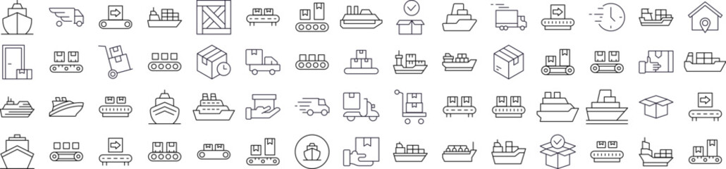 Set of Delivery and Transportation Related Line Icons. Outline Signs for Graphic and Web Design, Apps, Adverts, Various Cards