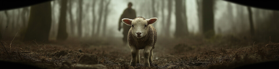 Obraz premium Touching Scene of a Muddy Lamb in a Misty Forest as a Shepherd Approaches Symbolizing Care and Redemption