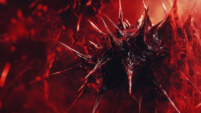 Virus with sharp spikes in a dark red aura, [virus, fear concept, pandemic imagery], [ominous tones, high contrast, cinematic look] 