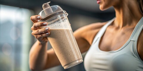 Woman holding protein shake for fitness and nutrition in a healthy lifestyle concept