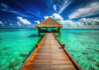Obraz premium Sun-kissed Maldives: Teal and orange thatch cabana on a pristine pier, tropical paradise.