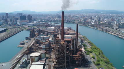 日本の河川沿いにある錆びた煙突が印象的な製鉄工場を上空からのアングルでリアルに描いたAI生成画像
