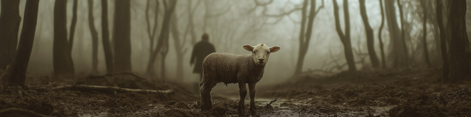 Naklejka premium Touching Scene of a Muddy Lamb in a Misty Forest as a Shepherd Approaches Symbolizing Care and Redemption