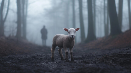 Fototapeta premium Touching Scene of a Muddy Lamb in a Misty Forest as a Shepherd Approaches Symbolizing Care and Redemption