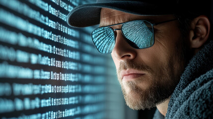 Spy using high tech gadget to eavesdrop on conversation, focused and intense