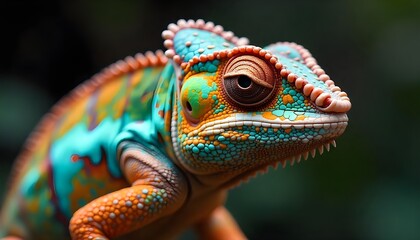 Fototapeta premium A detailed close up of a vibrant chameleon lizard, showcasing its striking colors and intricate patterns