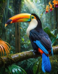 Obraz premium Vibrant toucan perched amidst lush tropical rainforest with sunlit canopy and exotic orchids