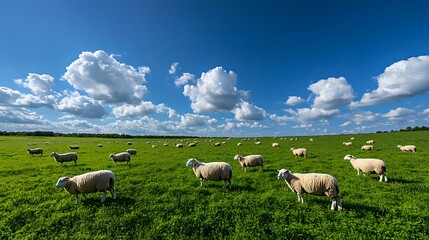 Obraz premium Sheep Grazing in a Lush Green Field Under a Blue Sky