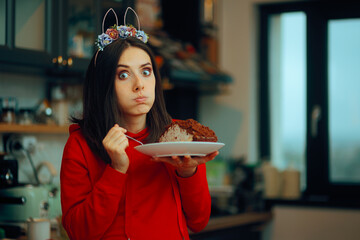 Funny Woman Wearing Easter Headband Eating Cocoa Cake. Hungry girl celebrating springtime holidays...
