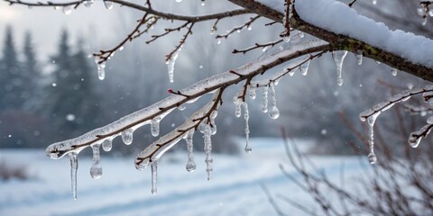 Obraz premium Winter wonderland: snow-covered branches with icicles in serene forest setting