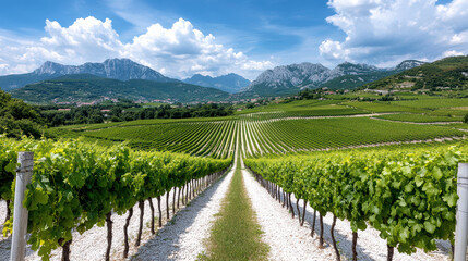 Fototapeta premium vineyard landscape with lush green rows under clear blue sky