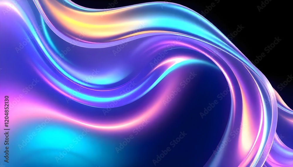 Poster abstract background 3d render of a liquid glass holographic wave in motion, with iridescent neon col