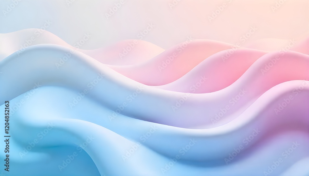 Poster An abstract 3D wavy background featuring smooth, flowing curves in a multicolor pastel palette, creating a soft and aesthetically pleasing visual concept