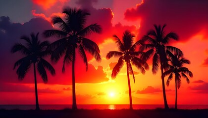 A silhouette of palm trees against a vibrant tropical sunrise or sunset, with the warm colors of the sky creating a serene and peaceful atmosphere
