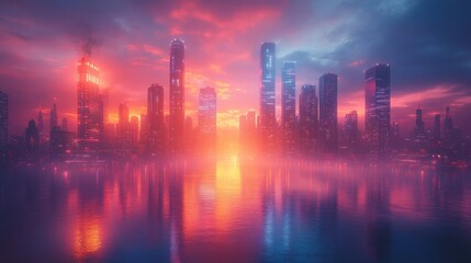 Futuristic Cityscape with Translucent Skyscrapers and Neon Lighting