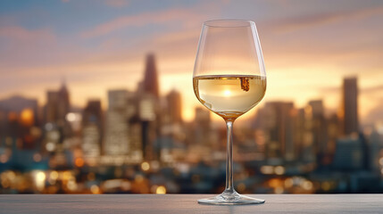 Obraz premium wine glass reflecting colorful sunset over city skyline