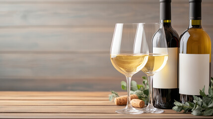 Elegant wine glasses with bottles on wooden table, perfect for tasting