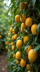 Golden Yellow Mangoes Hanging on Lush Green Trees in a Vibrant Orchard