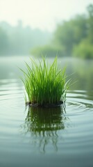 Lush Green Grass Growing on a Tiny Island in Calm Waters