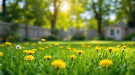Obraz premium Vibrant dandelions in a sunlit backyard garden