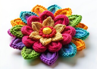 Whimsical crochet flower brooch, handcrafted floral pin, pops on white.