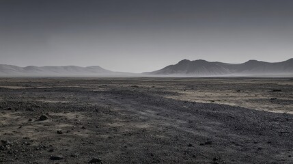 Desolate, rocky landscape under a hazy sky, showing a vast, flat expanse leading to distant mountains.