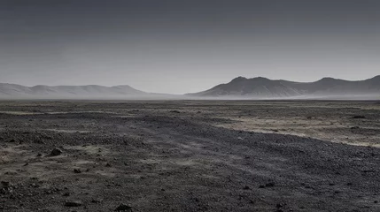  Desolate, rocky landscape under a hazy sky, showing a vast, flat expanse leading to distant mountains. © mur