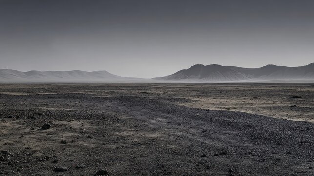 Desolate, rocky landscape under a hazy sky, showing a vast, flat expanse leading to distant mountains.
