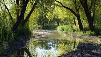 Riverbank trees summer sunlight tranquil nature escape