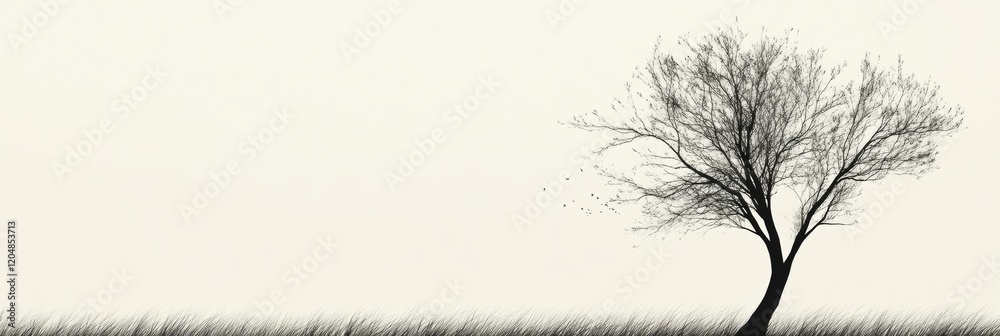 Poster winter landscape featuring a solitary tree against a pale sky and subtle grasses in a minimalistic c