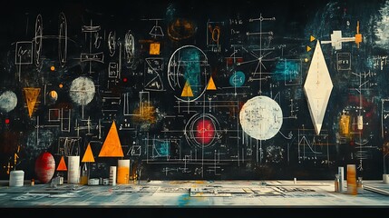 A blackboard filled with complex equations and symbols icons background