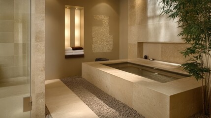 A bathroom with a large tub and a small mirror