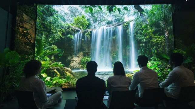 Group watching immersive waterfall scene on large screen.