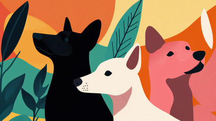 Stylized dogs in vibrant colors with abstract background and foliage, World spay day concept