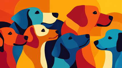 Colorful dogs in vibrant, abstract style showcasing community spirit, World spay day concept
