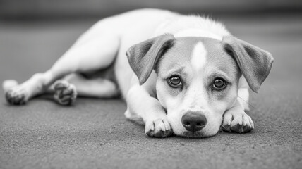 sad stray dog lying on ground, showcasing its expressive eyes, World spay day concept
