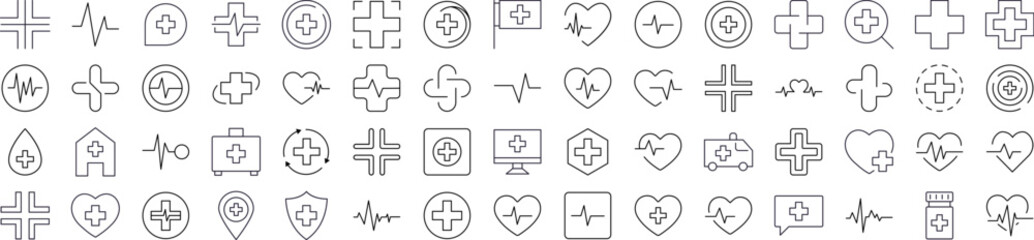Medical Cross Thin Line Icon Set. Outline Signs for Graphic and Web Design, Apps, Adverts, Various Cards