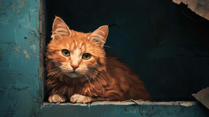 stray cat peering from blue wall, evoking curiosity and warmth, World spay day concept