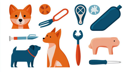 Stylized pet care tools and animals, including dogs and grooming items, World spay day concept