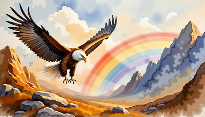 Obraz premium Majestic eagle soaring with rainbow trail over mountains, freedom, St. Patrick's Day, Watercolor Painting