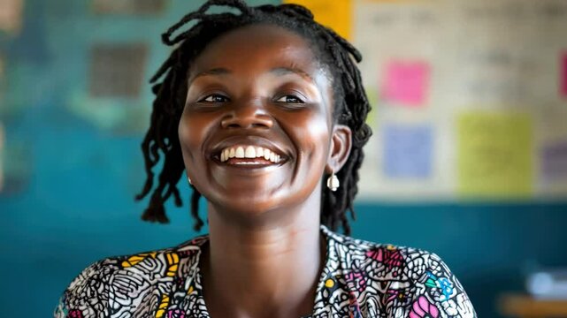 A happy teacher uses online learning platforms to teach digital skills, empowering her students to thrive in the digital age