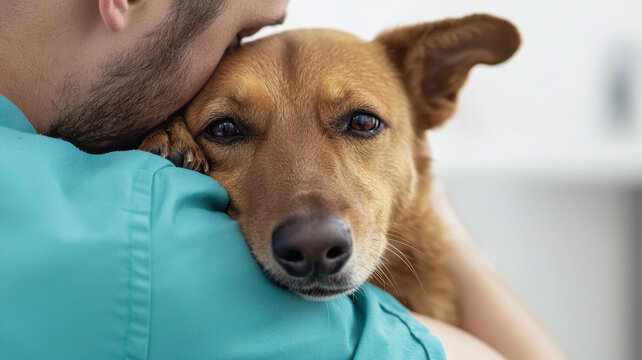 Warm photograph of vet staff hugging rescued pet, showing compassion and care, World spay day concept