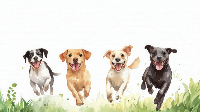 Happy dogs running joyfully in whimsical watercolor style painting, World spay day concept