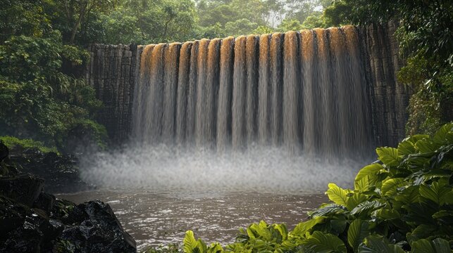 Tropical waterfall cascading, lush jungle backdrop, serene nature scene