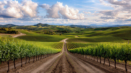 Fototapeta premium Lush vineyard landscape with rolling hills and dramatic clouds