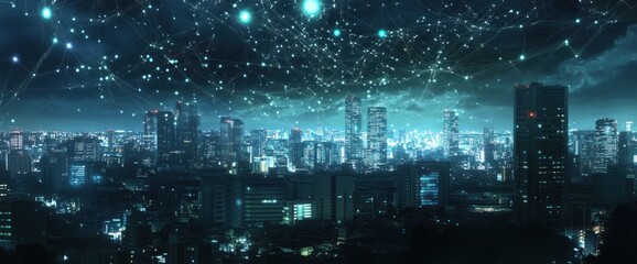 Night cityscape illuminated with digital network connections