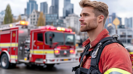 Fototapeta premium Firefighter standing confidently in front of fire truck in city