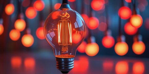 A glowing retro-style bulb with visible filaments, surrounded by artistic red bokeh, radiates...