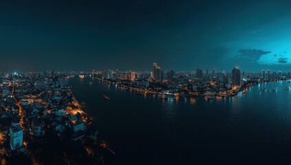 Naklejka premium Nightfall Panorama: Bangkok's Chao Phraya River Illuminates City Skyline