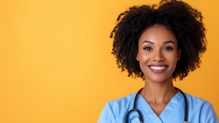 nurse with gentle smile wearing scrubs and stethoscope against yellow background